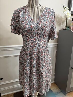 LOFT Petite Floral V-Neck Top in White with Blue, Pink & Red Flowers 10P